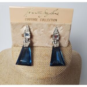 Kenneth Jay Lane Couture Collection Earrings Drop Deco Clip On Blue Hollywood